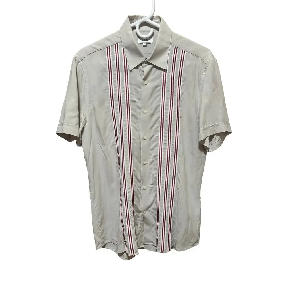 Reiss Beige Stripe Viscose Camp Collar Button Up Shirt Men's Medium